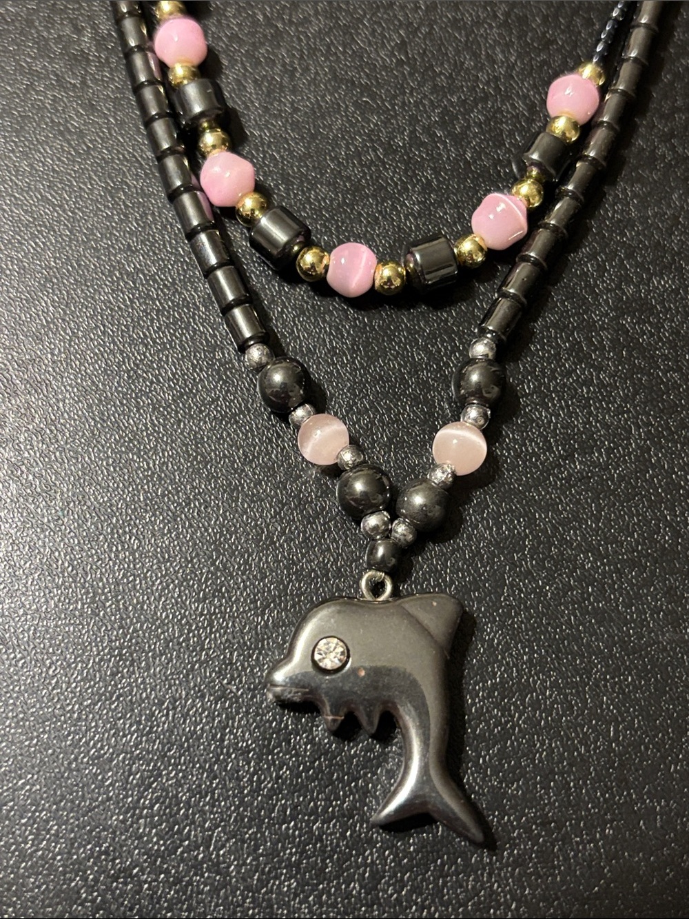Summer Dolphin Hematite Layering Necklaces Pink Cats Eye Dolphin Pendant Ocean